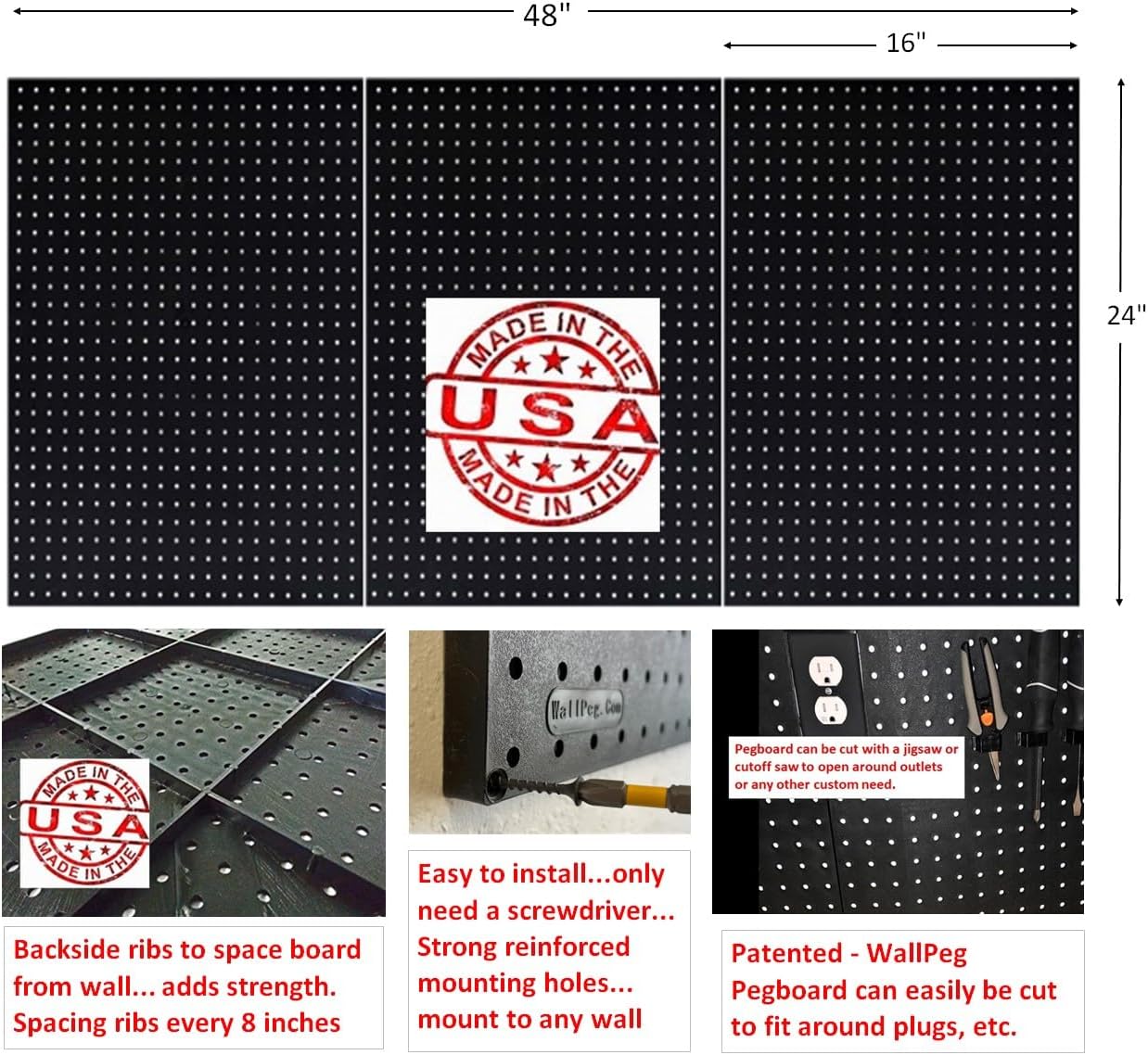 WallPeg 24" x 48" Garage Pegboard Kit (PK-3-B) with Peg Board Panels, Hooks for Tool Organizer, Garage Storage