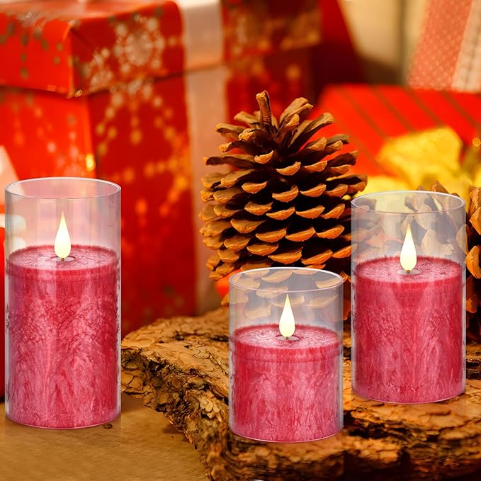 Flameless Flickering Remote Control Candle, Glass Pillar Candle,3 Pack (D:3"×H:4" 5" 6") LED 3D Flame Romantic Candle,Battery Operated Real Wax, Ideal for Wedding, Home Decor Holiday (Red)
