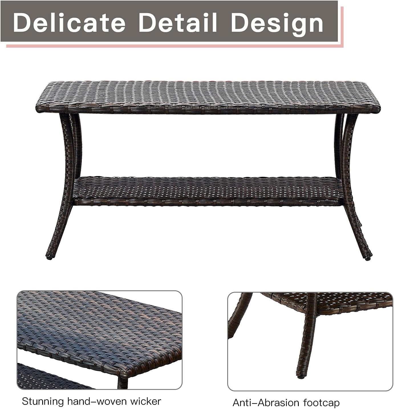 Patio Tables Outdoor Coffee Table - Wicker Rattan Coffee Tables with 2-Tier Storage Shelf Side Table for Porch Deck Balcony Garden Outside Rectangle Brown