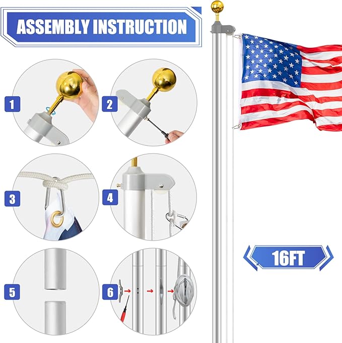 Flag Pole for Outside in Ground, 16FT Sectional Extra Thick Flagpole Kit, Heavy Duty Aluminum Outdoor Flag Poles with 3x5 American Flag for Yard, Garden, Residential or Commercial