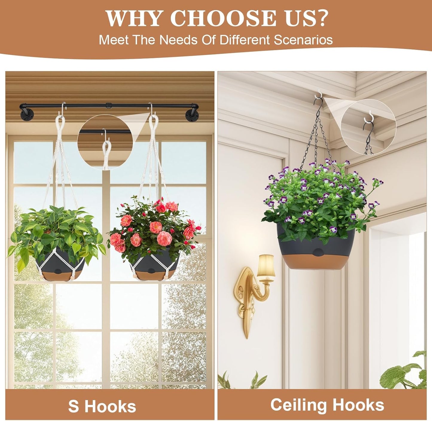 3 Pack Hanging Planters Set, 10 + 10 + 8 Inch Self-Watering Hanging Plant Pot, Macrame Plant Hanger with Pot, Ceiling Hooks, Removable Saucer and Drainage Holes for Indoor, Outdoor Plants - Black