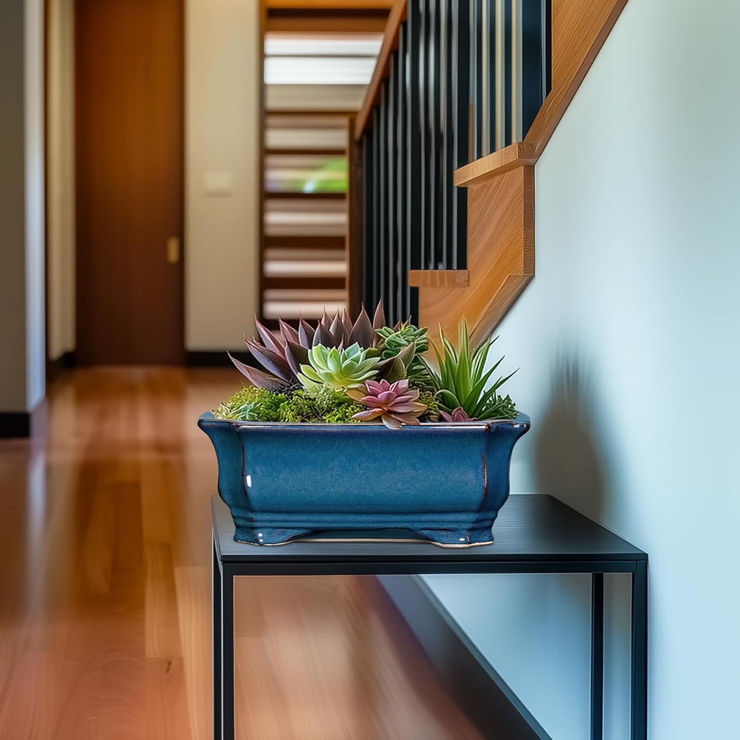 Bonsai Pots 11.6 Inch - Ceramic Succulent Pots with Drainage Hole, Rectangular Planter for Indoor Outdoor, Decorative Ceramic Flower Pot, Home Garden Room Decor, Plant Lover Gifts, Retro Blue