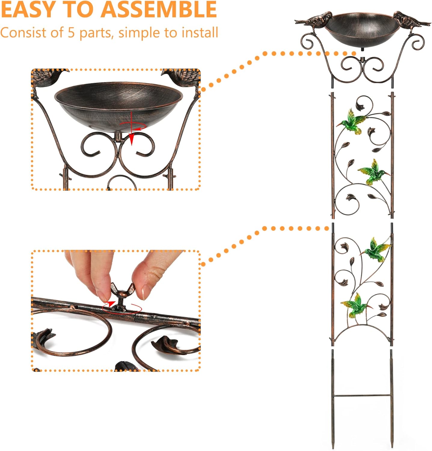 LEWIS&WAYNE Garden Trellis Bird Bath Outdoor, 40 Inch Antique Iron Garden Plant Trellis Decorative with Hummingbirds and Detachable Drinking Basin Bowl, Free Standing BirdBath Birdfeeder Station