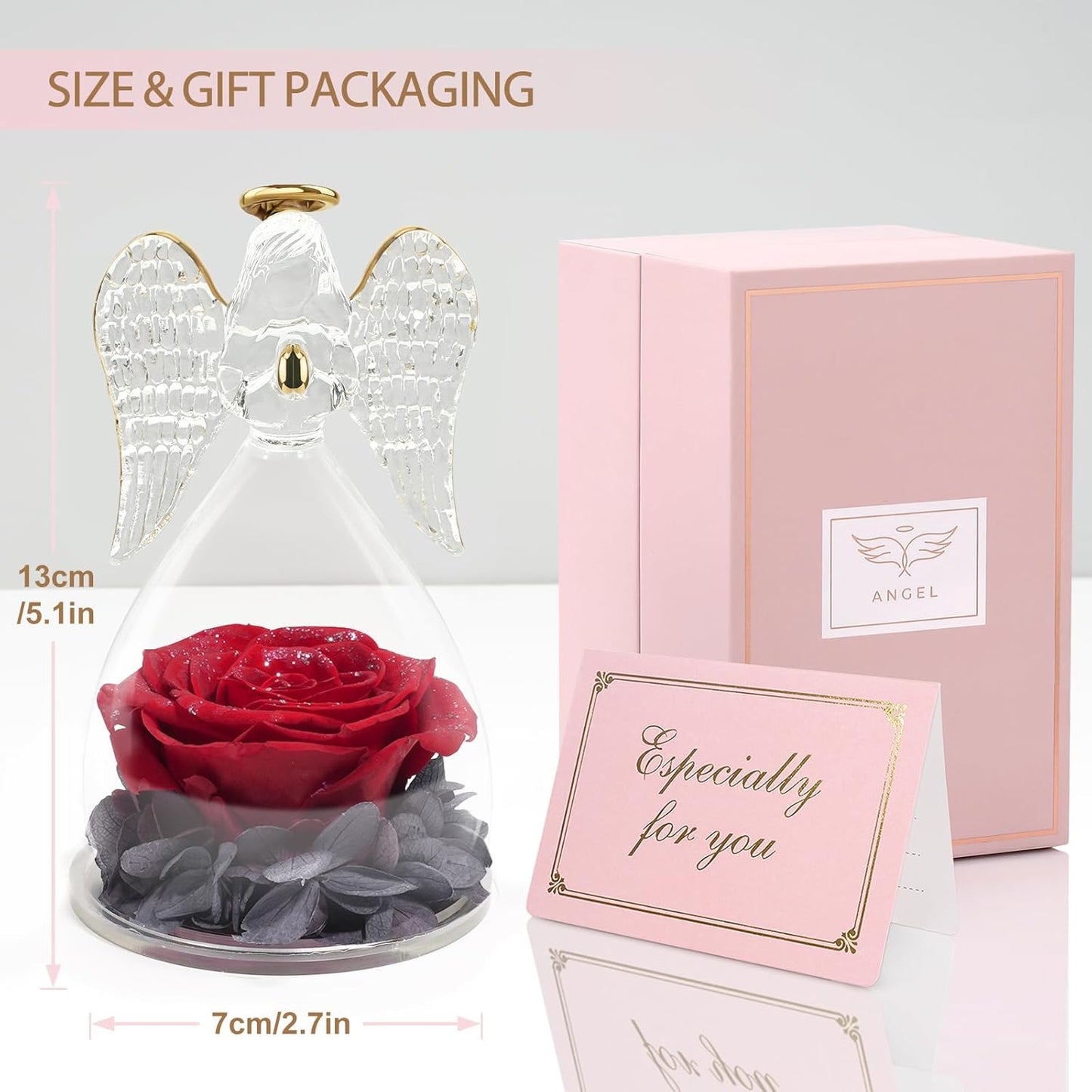 Yamonic Christmas Birthday Gifts for Mom, Angel Figurines with Real Rose Gifts for Her Mom Grandma, Preserved Rose in Glass Angel Figurines for Mothers Day Valentine's Day Gifts for Women (Red Sky)