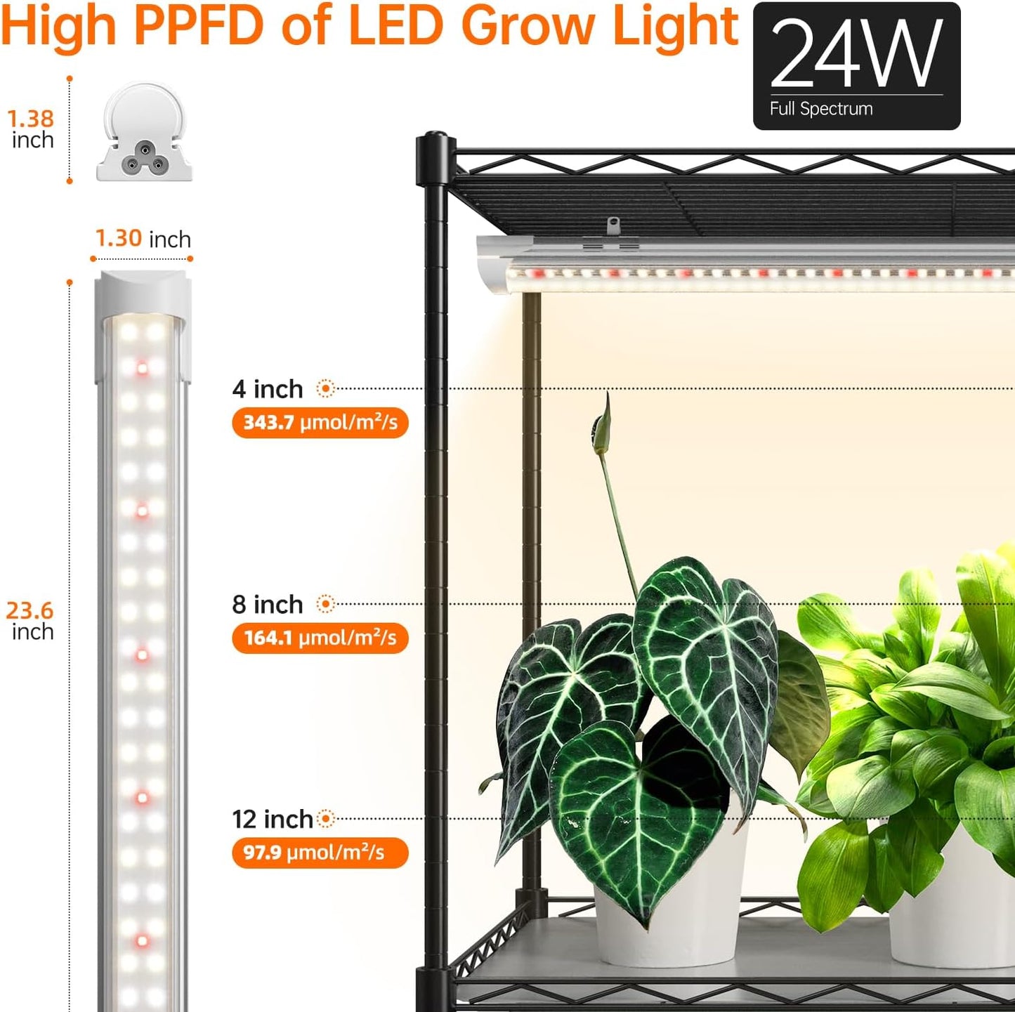Plant Shelf with Grow Light, Metal Plant Stand with Adjustable Rack and Wheels, 5 Pack T8 Full Spectrum Grow Light Strip for Indoor Plants, Seed Starting, Seed Tray, 35.4"x13.8"x71"