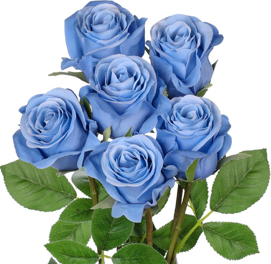 Briful Blue Roses Artificial Flowers– 6PCS 18.9" Faux Rose Silk Flowers with Long Stems Realistic Fake Rose Bouquet for DIY Wedding Arrangements Table Vase Centerpieces Home Event Decor