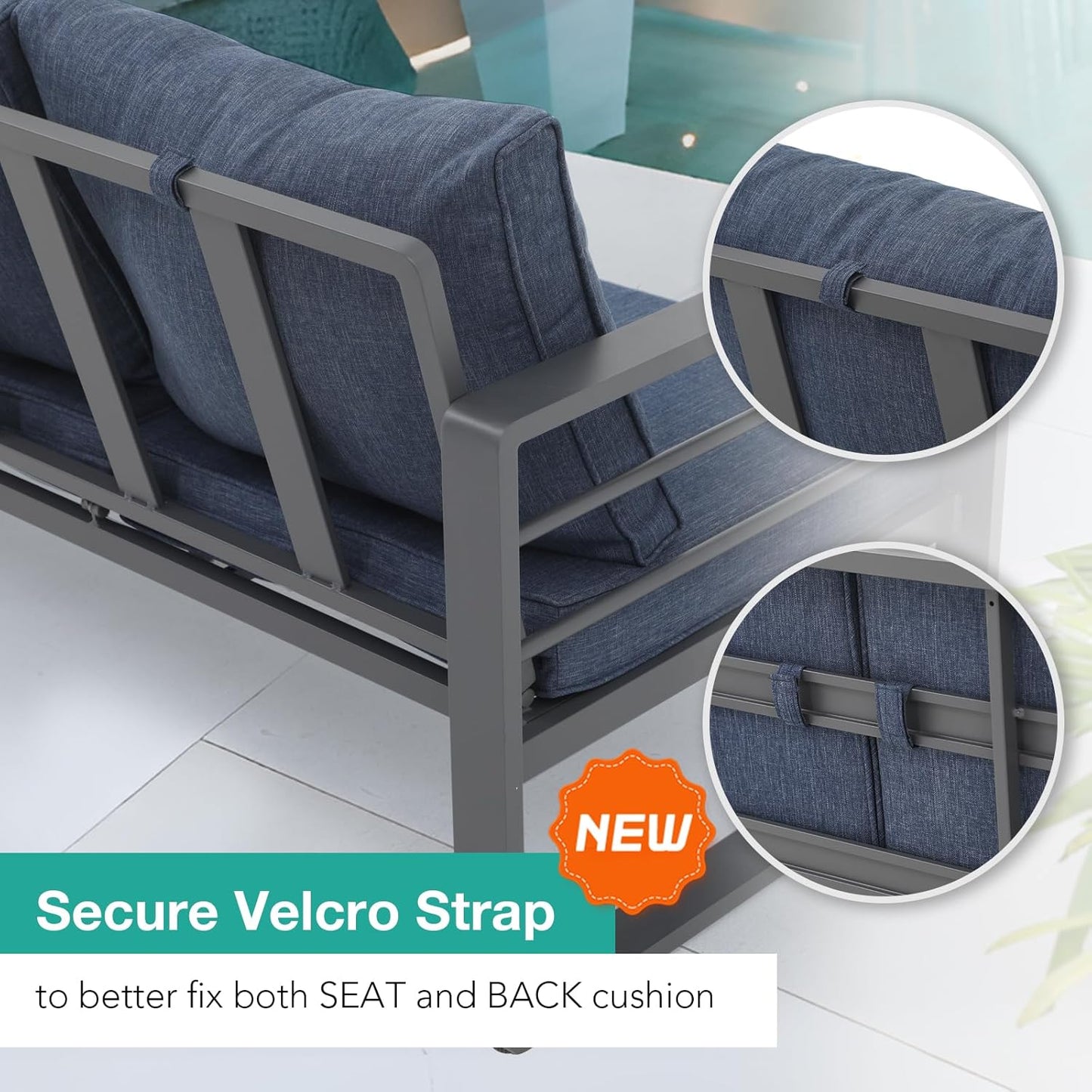 Patiorama Aluminum Patio Furniture Set, 2 PCS Outdoor Armchairs Single Sofa Couch, All Weather Dark Grey Metal Chair with Olefin Cushion, Deep Seating, 300 lbs Capacity, Deck, Garden-Blue Cushion