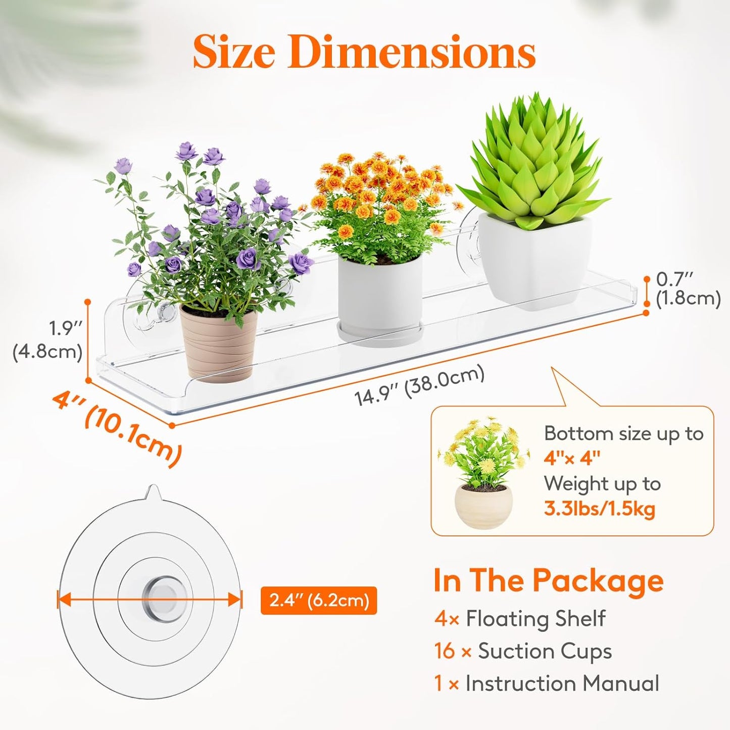 Lifewit Window Plant Floating Shelves 15 x 4 inch, 4 Pack Acrylic Suction Cup Shelf, Window Sill Extender for Indoor Succulent Plants, Micro Greens, Seed Starter Pots, Herb Planters