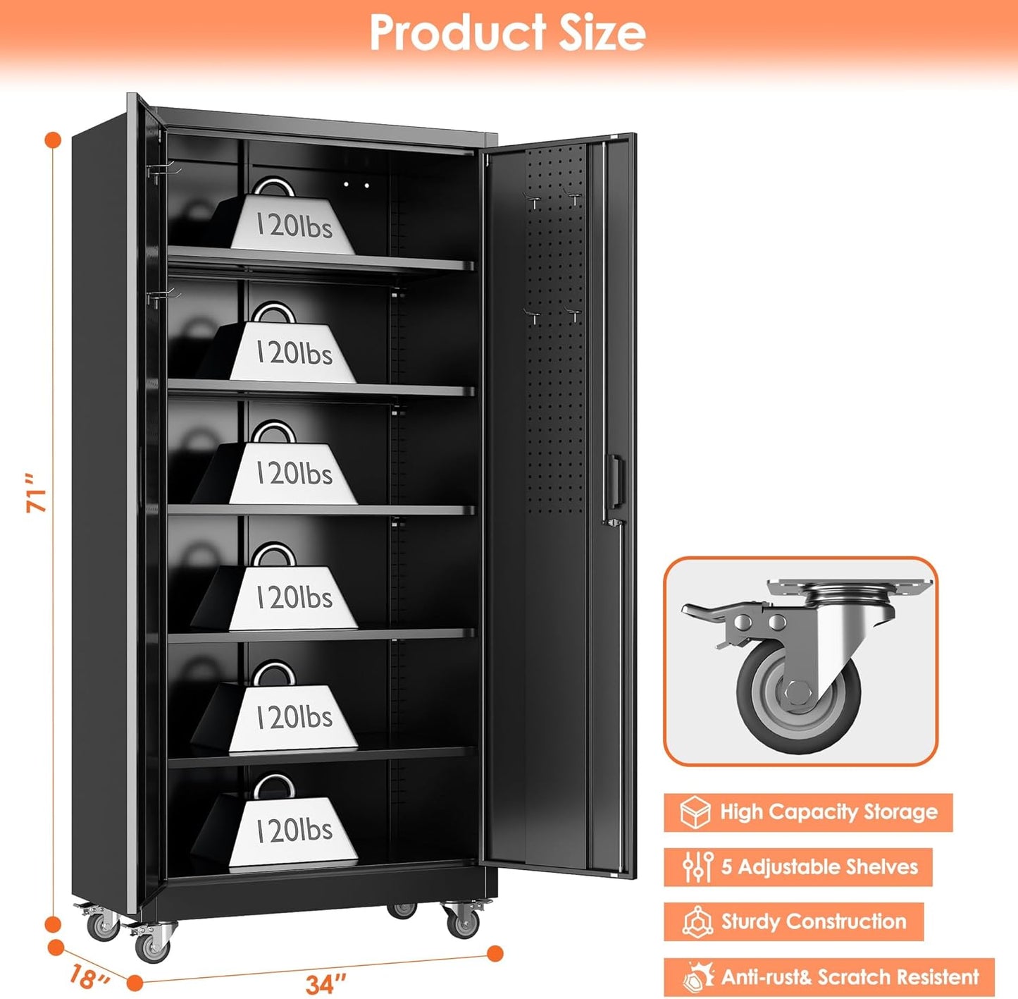 Aobabo 71" H×34" W×18" D Metal Storage Cabinet with Wheels, Locking Steel Storage Cabinet with 4 Hooks, 5 Shelves for Garage, Home Office, School, Assembly Required, Black