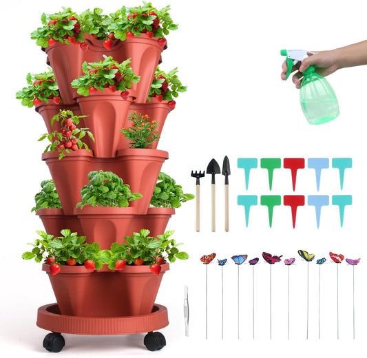 Vertical Planter, 5 Tier Stackable Strawberry Planter with Garden Tool Set, Movable Indoor/Outdoor Garden Herb Pot for Growing Vegetables and Succulents, Red