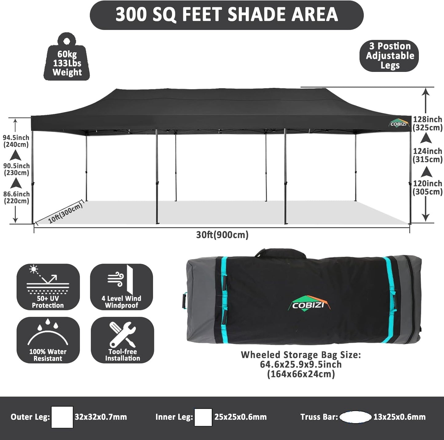 COBIZI 10x30 Pop Up Canopy Without Sidewall,Heavy Duty Canopy UPF 50+ All Season Wind Waterproof Commercial Outdoor Wedding Party Tents for Parties Gazebo with Roller Bag(10 x 30 ft Black)