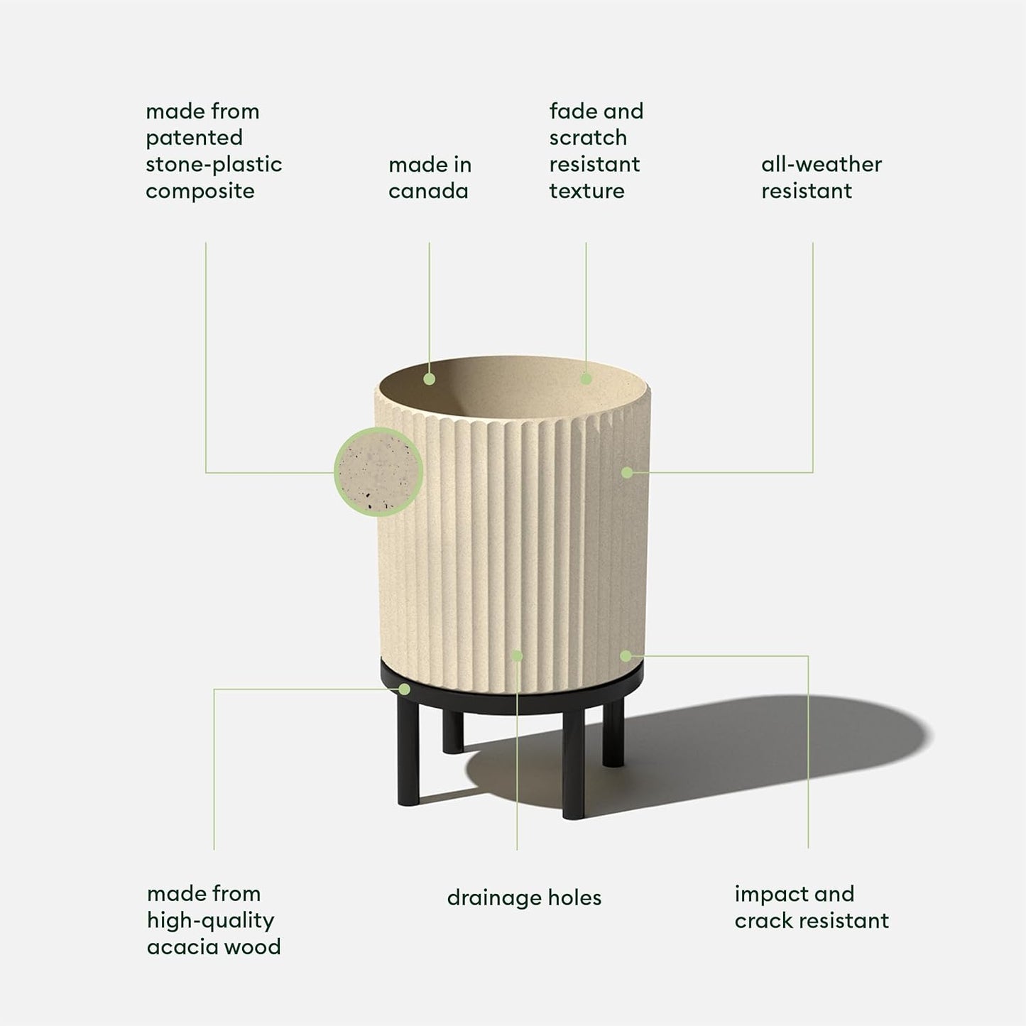 Veradek Demi Series Round Planter w/ Stand for Porch/Patio | Durable Plastic-Concrete & Wooden Stand | Modern Décor for Tall Plants, Flowers