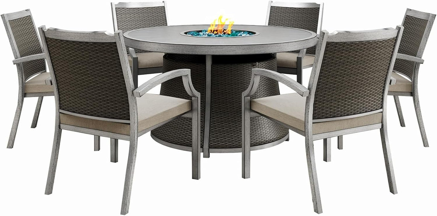 Mazatzal 7 Piece Wicker Patio Furniture Set with 52" Round Propane Gas Firepit Table, 6 Patio Chairs with Cushions, Outdoor Aluminum Conversation Set for Poolside, Backyard, CSA Certified, Gray