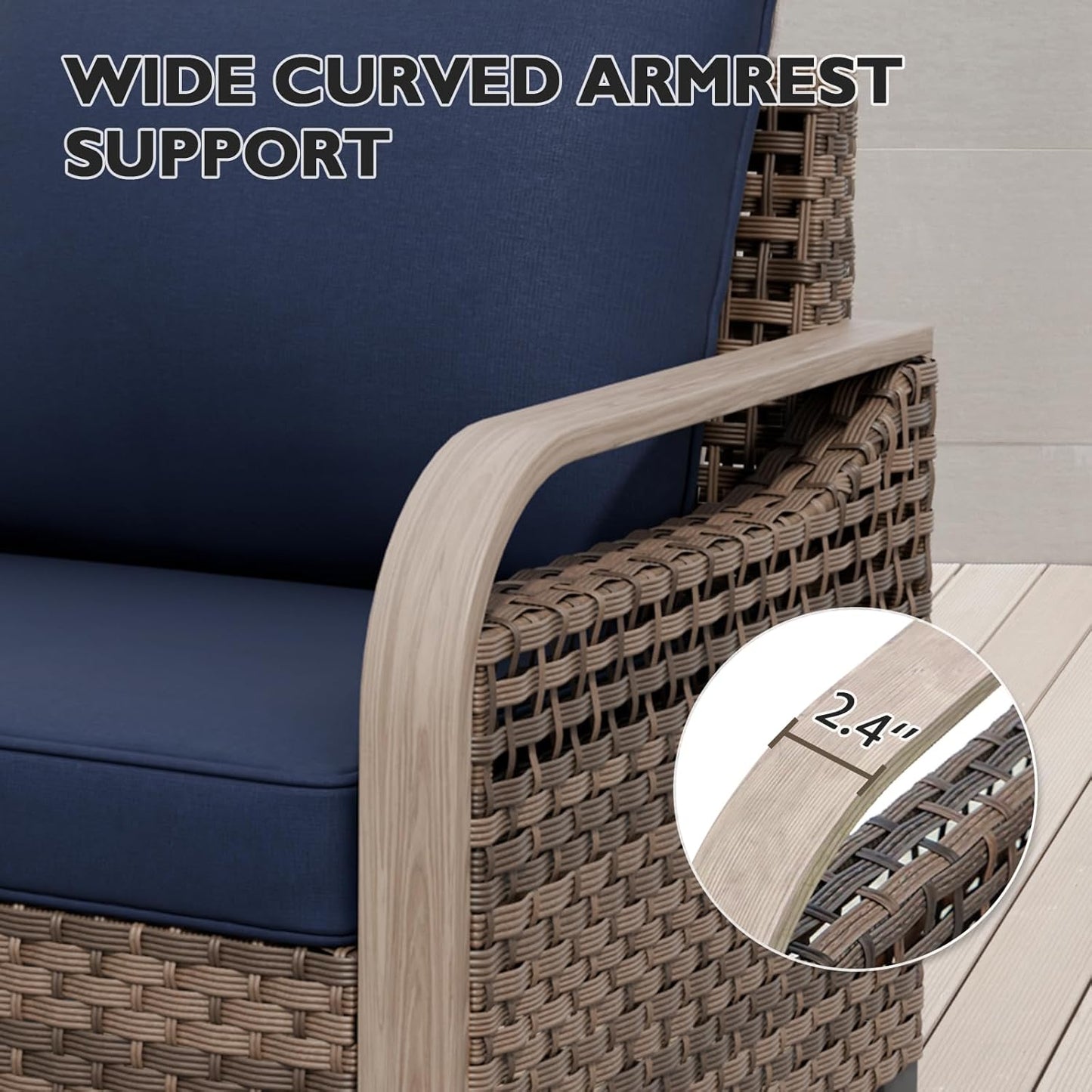 EAGLE PEAK Modern Wicker Outdoor Chair, Patio Chair Curved Armrest, Rattan Patio Furniture for Yard Deck Porch Garden, 2 Chairs, Brown/Blue