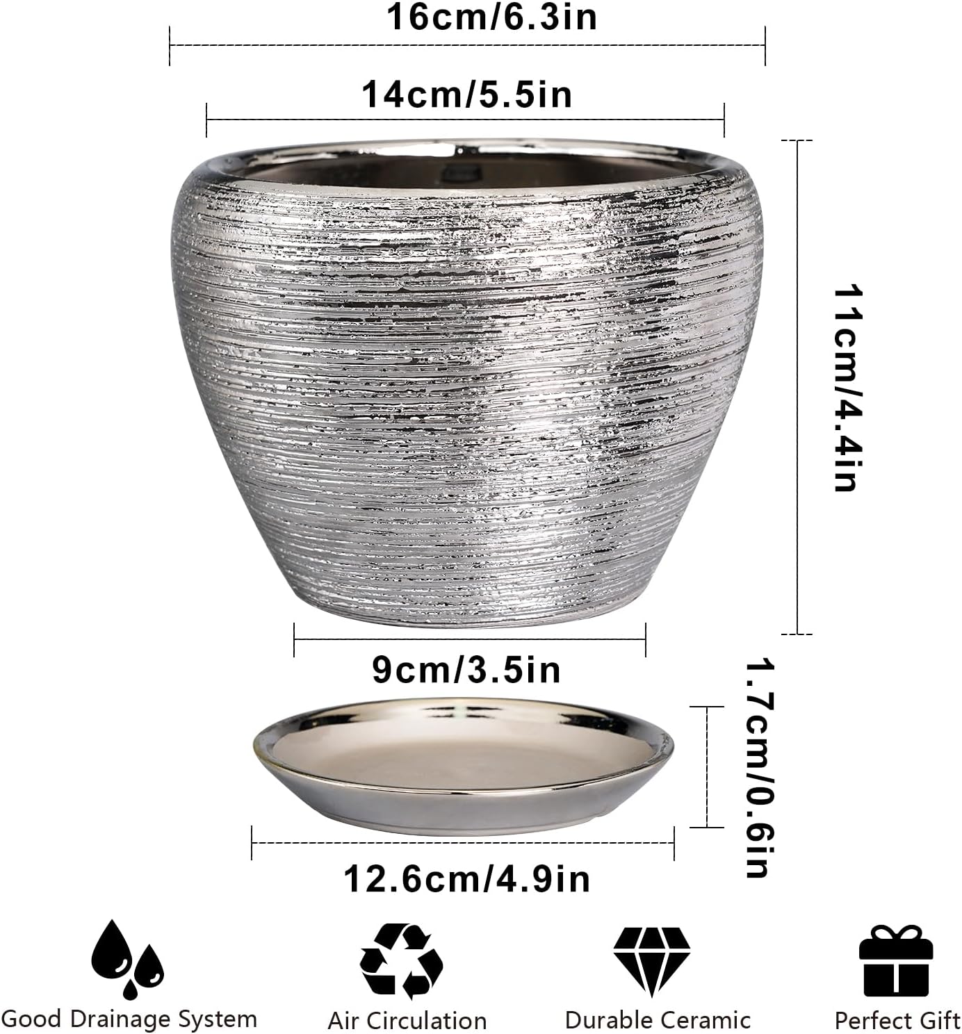 Ceramic Planter - 6 Inch Plant Pot Indoor with Drainage Hole and Saucer Outdoor Pot for Plants Round Decorative Planter Modern Mid-Century Flower Pot for Office Decor Silver