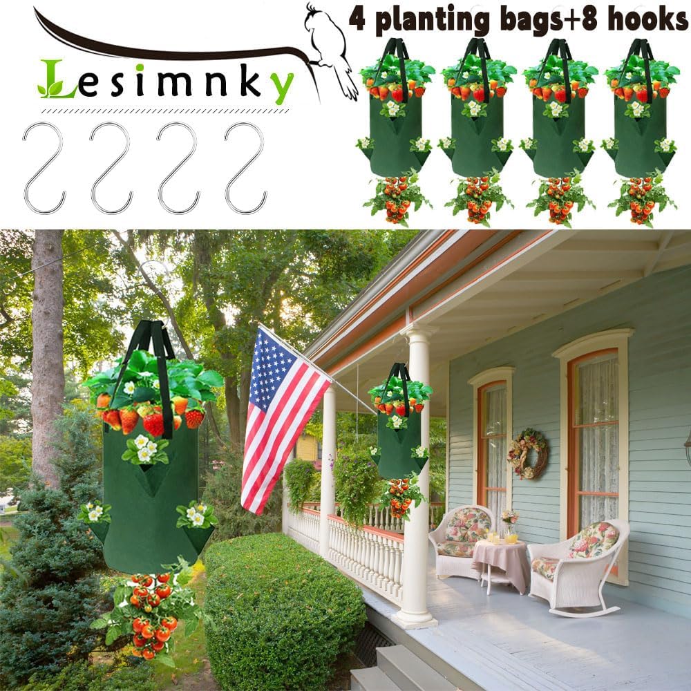 4Pack Upside Down Strawberry Planter, 3 Gallon Hanging Grow Bags for Tomato Vegetables 6 Planting Holes with 4 Hooks,Upside Down Strawberry Plant Hanger Vegetable Planting Bags for House (Dark Green)