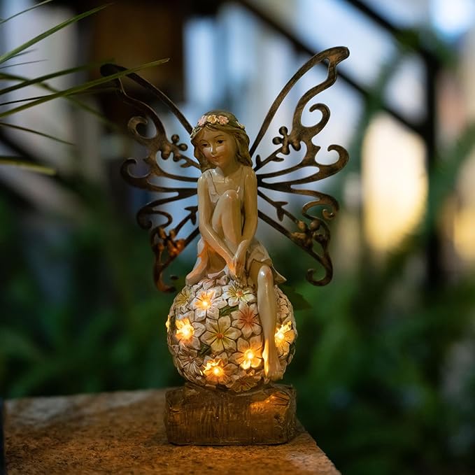 Flower Fairy Garden Decor,Garden Fairy Statues Outdoor,Solar Powered Outdoor Fairy Figurine Accessories,Patio Lawn Yard Porch, Resin Ornaments for Outside Gifts,9.45 Inches Tall