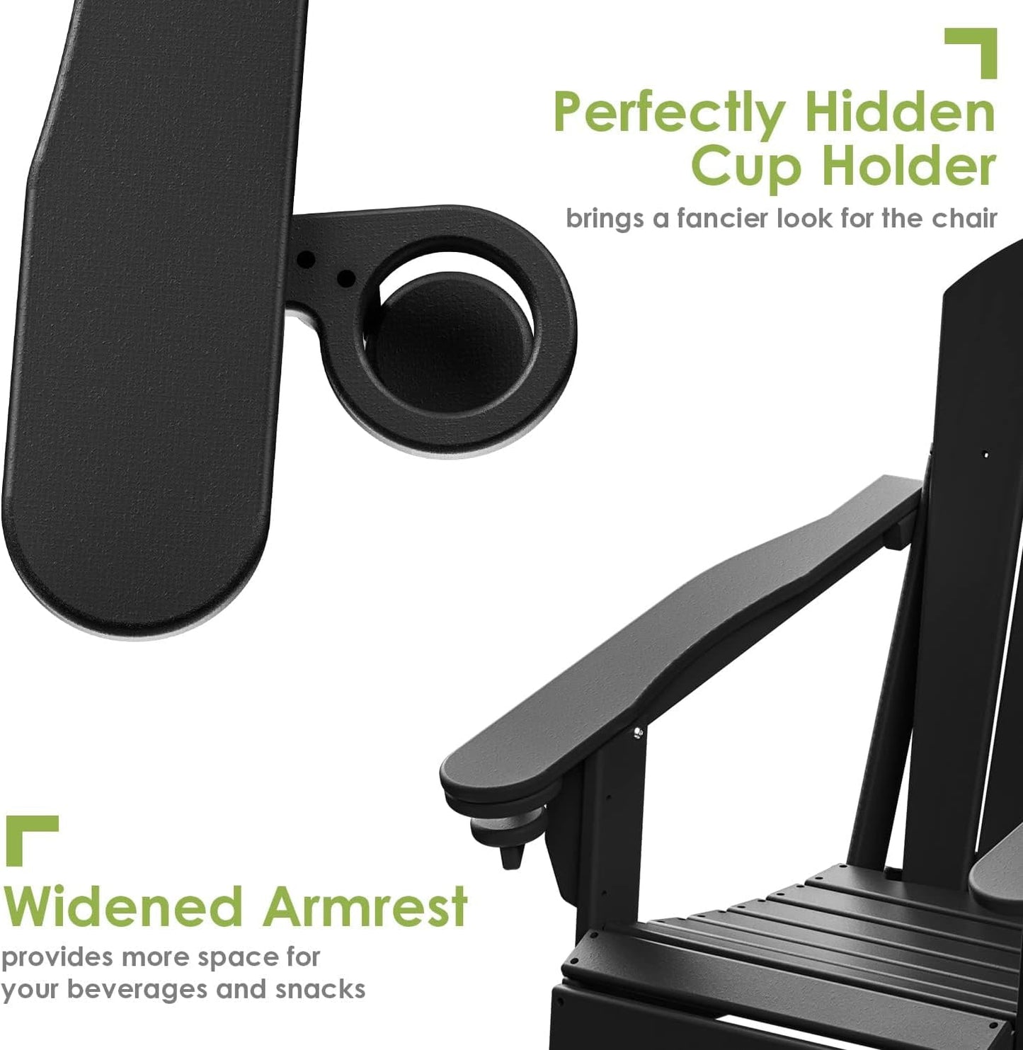 GREENVINES Folding-Adirondack-Chairs-Set-of-4 | HDPE Plastic | Fire Pit Chair | All Weather | Cup Holder | Black | for Deck Backyard Patio Outdoor Garden