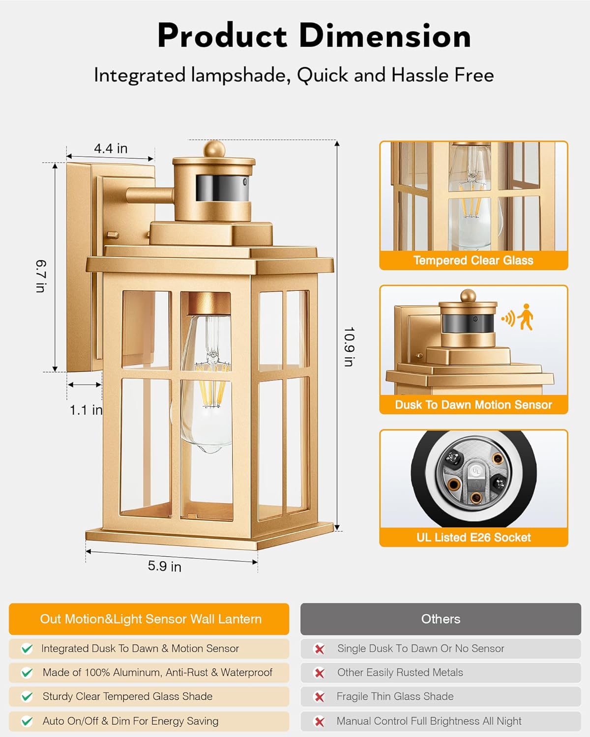 Motion Sensor Outside Lights for House, Modern Dusk to Dawn Outdoor Lighting, 2 Pack Gold Anti-Rust Outdoor Wall Lights with Transparent Glass, Waterproof Outdoor Porch Lights for House, Patio