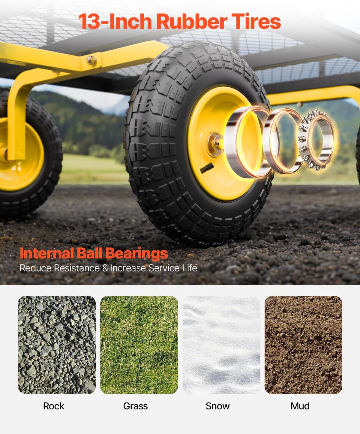 VEVOR 1400 Lbs Steel Garden Cart, Heavy Duty Pullable Garden Wagon Yard Cart, 2 in 1 Outdoor Metal Utility Wagon Yard Trailer with 13" All Terrain Tires, Mesh Removable Sides and 180°Rotating Handle