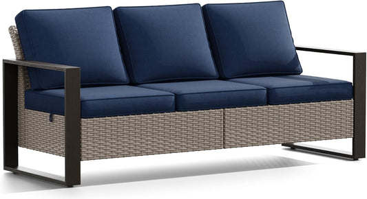 Joyside Outdoor Patio Wicker Sofa, 3-Seater Rattan Sofa with Thick Olefin Cushions and Metal Steel Rectangular Framed Armrest -Looking Metal Armrest Suitable for Garden, Backyard, Porch, Deck (Blue)