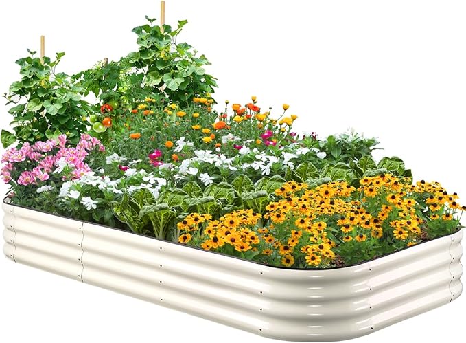 Quictent Galvanized Raised Garden Bed Kit, 8x4x1 ft Oval Metal Planter Box for Vegetables, Rubber Strip Edging Included (Beige)