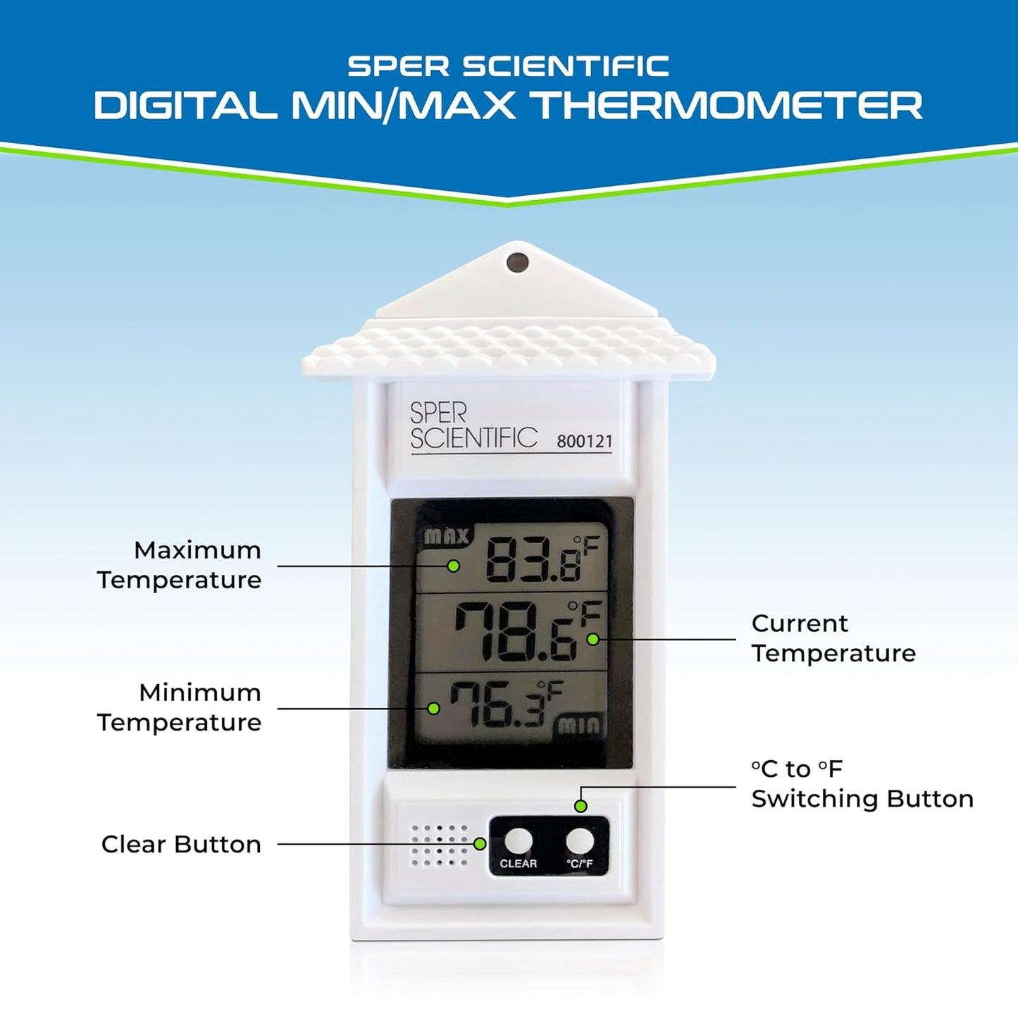 Sper Scientific Compact Digital Min/Max Thermometer 800121 - Wide Range Temperature Logger with Clear LCD Display - Ideal for Laboratories, Food Storage, HVAC & Greenhouses