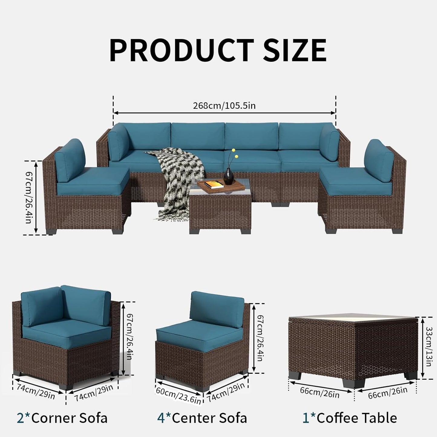 7 Piece Patio Furniture Set, Rattan Outdoor Patio Conversation Sets, Outdoor Sectional Furniture with Waterproof Cushion and Coffee Table, for Deck, Backyard, Garden, Peacock Blue