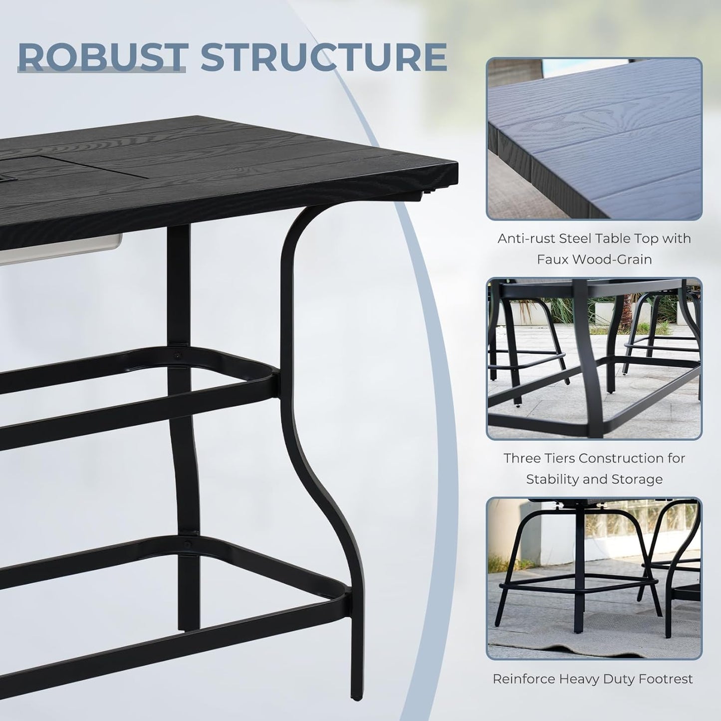 Grand patio 5-Piece Counter Height Patio Bar Set, Swivel Bar Stools and Faux Wood Grain Dining Table with Ice Bucket for Outdoor Kitchen Bistro Small Space Restaurant, Black&Grey Plaid