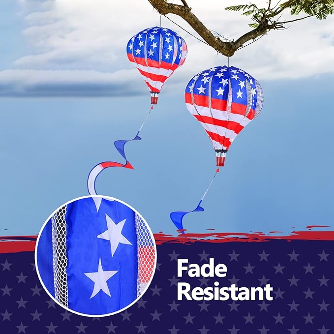 BATTIFE 2Pcs Patriotic Hot Air Balloon Wind Spinner, American Flag Kinetic Wind Twister with Tail, Outdoor Spiral Windmill Garden Yard, 4th of July Hanging Decoration