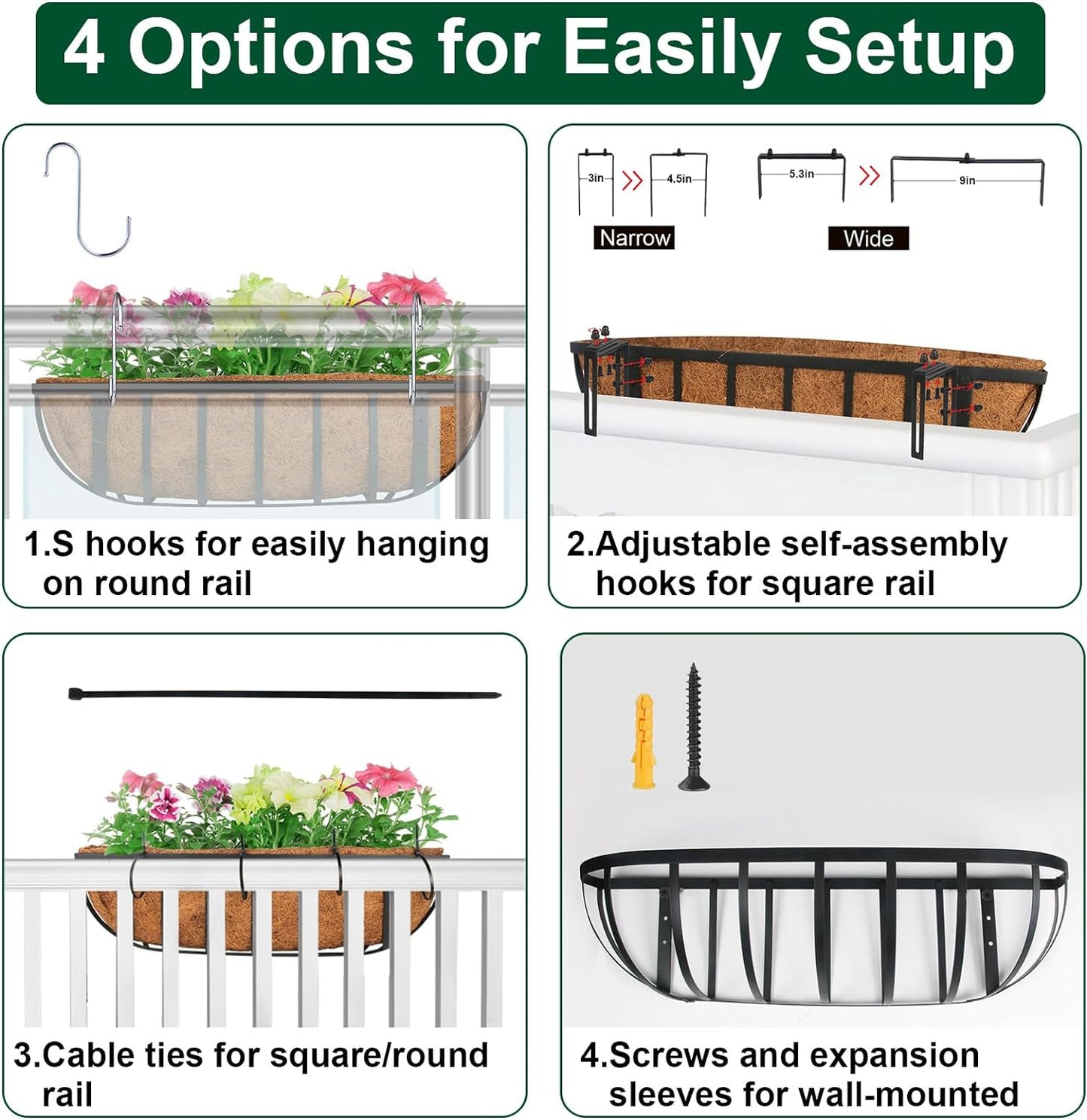 DUNCHATY Railing Planter Window Box - 4 Pack 24" Horse Trough Planter with Coco Fiber Liner - Deck Balcony Rail Planter for Porch Fence Patio Outdoor