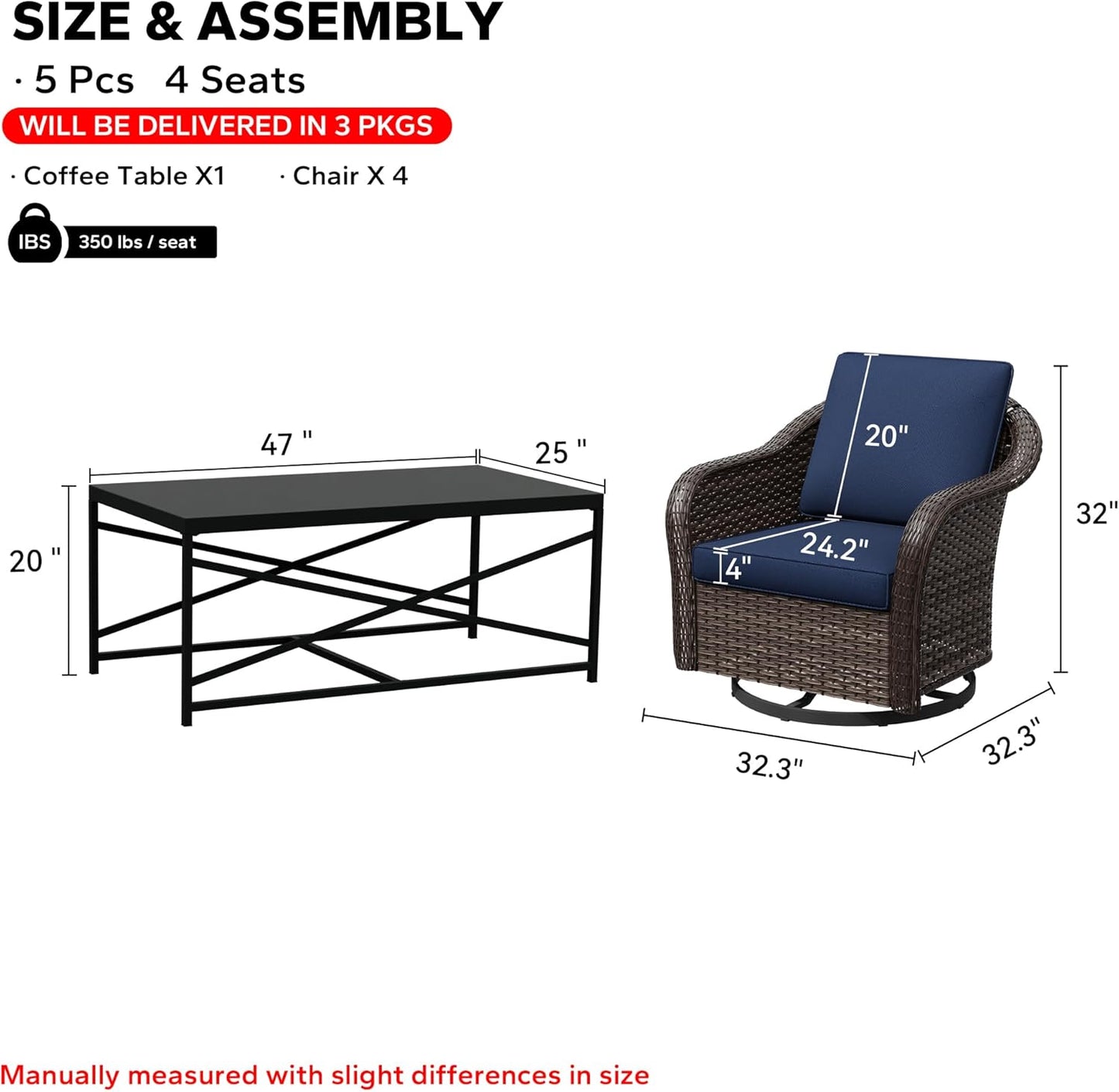 5 Pieces Outdoor Patio Conversation Furniture Set, 4 Pieces Rattan Glider 360 Degree Swivel Rocker Chairs with Removable Cushions, Coffee Table for Porch, Poolside (Navy Blue)