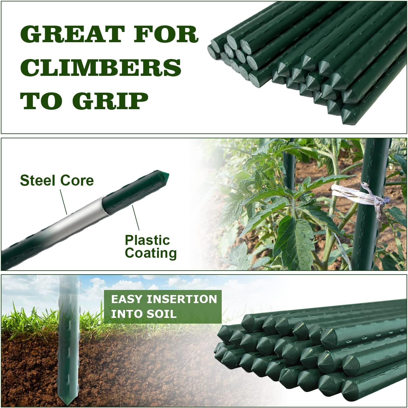 25pcs Steel Plant Stakes 4.8 Feet,Sturdy Plant Sticks, Plastic Coated Metal Garden Stakes Supports Climbing for Tomato, Bean, Flowers, Tree Potted