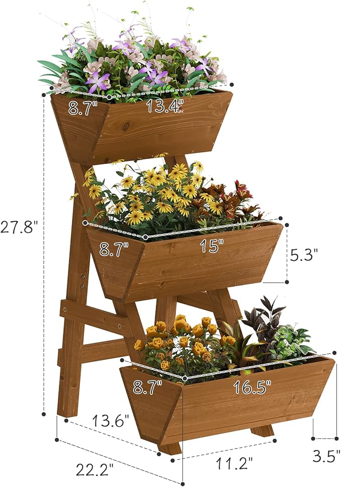 3-Tiers Wooden Raised Garden Bed,Wood Planter Box for Vegetable,Flower Rack,Flower Pot Stands,Indoor Outdoor Gardening Planting Beds (Brown, Small)