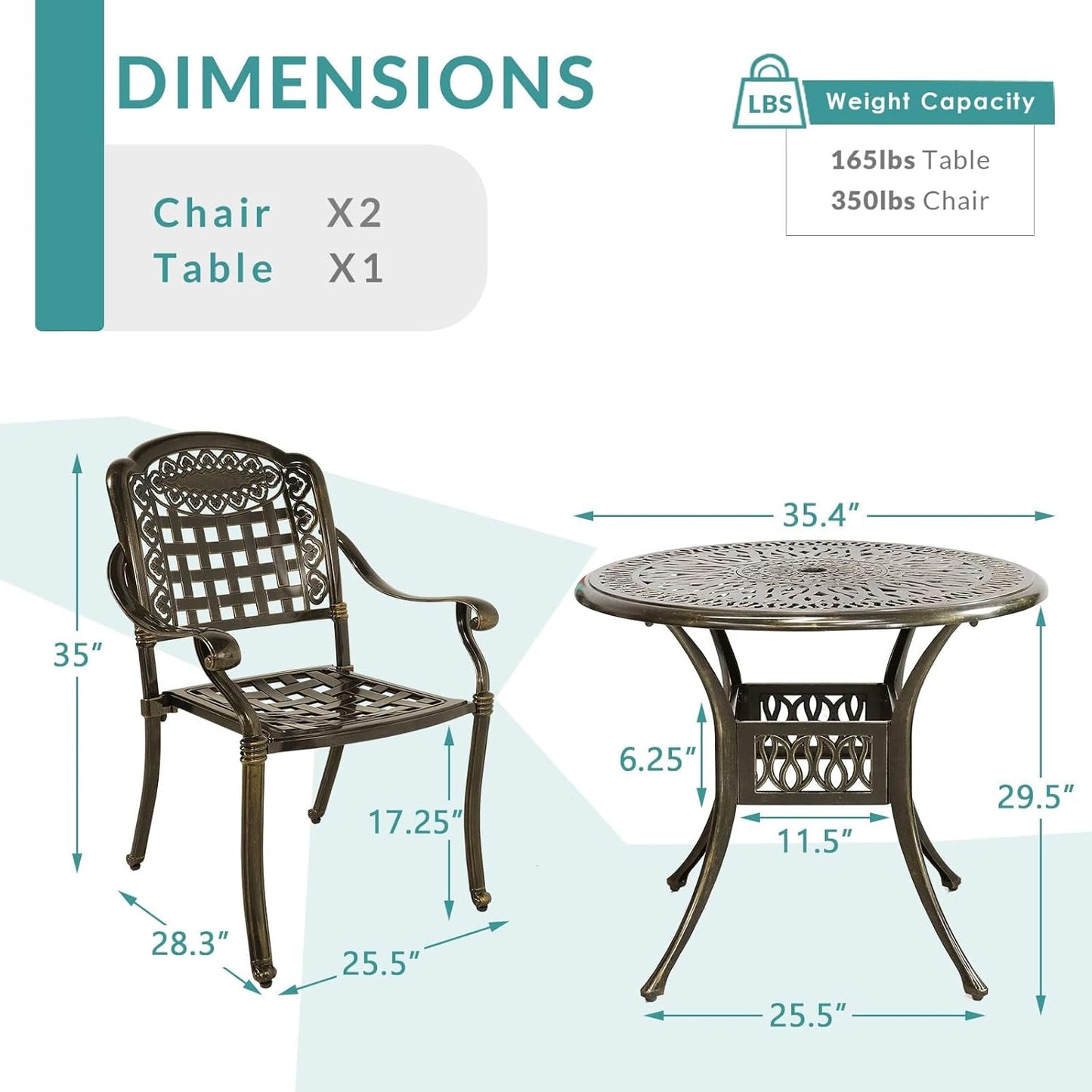 MEETWARM 3 Piece Outdoor Patio Bistro Set, All-Weather Cast Aluminum Dining Furniture Set Includes 2 Chairs and a 35.4” Round Table with Umbrella Hole for Garden Deck