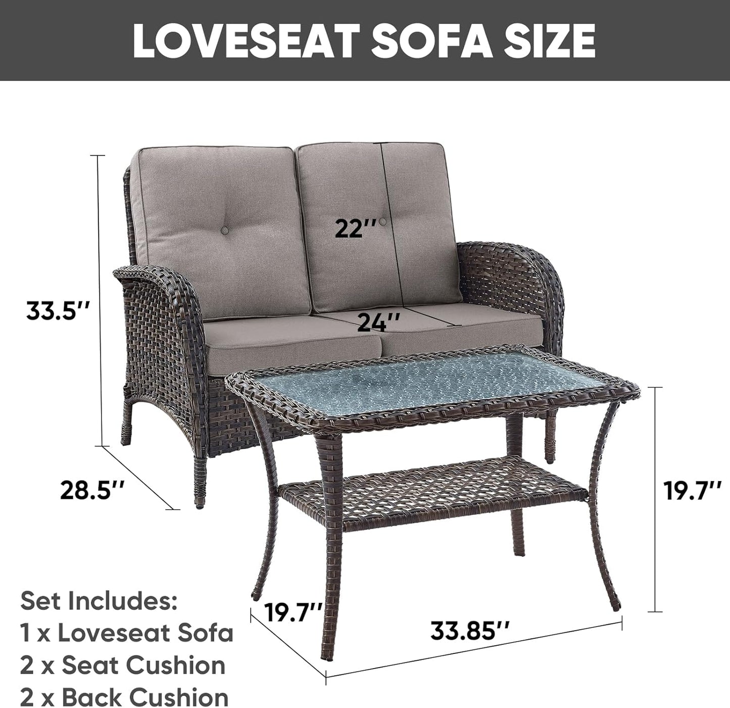 HUMMUH Outdoor Loveseat Sofa 2-Seat PE Wicker Outdoor Couch with Coffee Table,Deep Seat High Back Outdoor Patio Furniture for Patio,Garden,Porch,Deck(Grey)