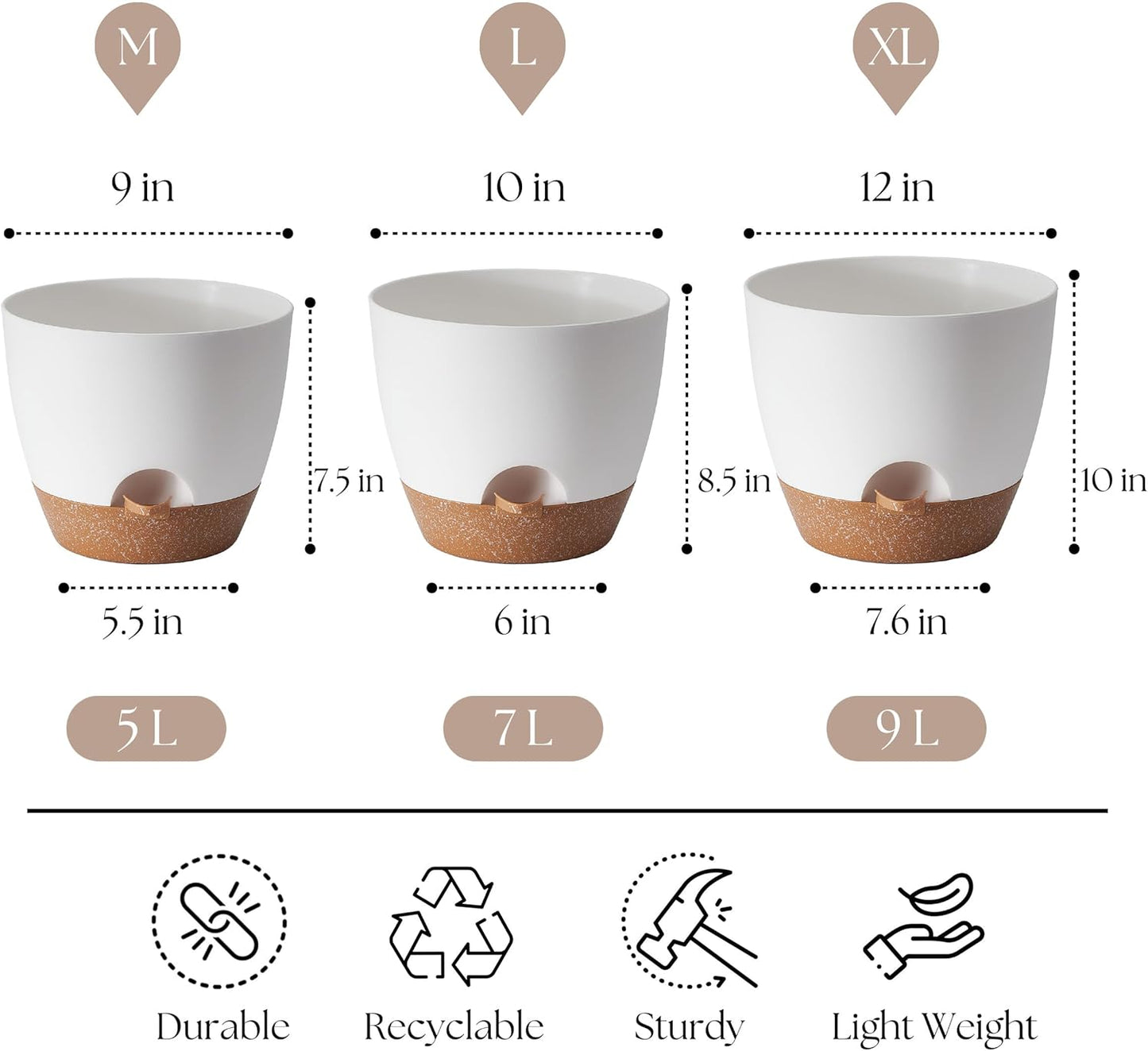 Plant Pots 12/10/9 inch Set of 3, Self Watering Flower Pots Indoor Outdoor, Planters with Drainage Hole Saucer Reservoir, White