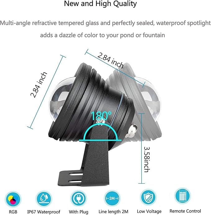 Spot Lights Outdoor 10W RGB Color Changing Low Voltage Landscape Lighting, IP67 Waterproof Outdoor Spotlight Remote Control Flood Light for Yard Garden House US Plug