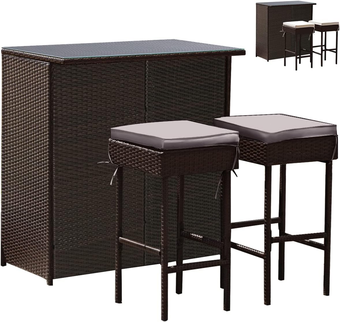 Tangkula Patio Bar Set, 3 Piece Outdoor Rattan Wicker Bar Set with 2 Cushions Stools & Glass Top Table, Gray & Off White Cover, Outdoor Furniture Set for Patio Backyard Porch Garden Poolside