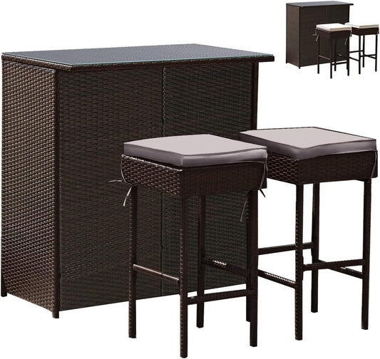 Tangkula Patio Bar Set, 3 Piece Outdoor Rattan Wicker Bar Set with 2 Cushions Stools & Glass Top Table, Gray & Off White Cover, Outdoor Furniture Set for Patio Backyard Porch Garden Poolside
