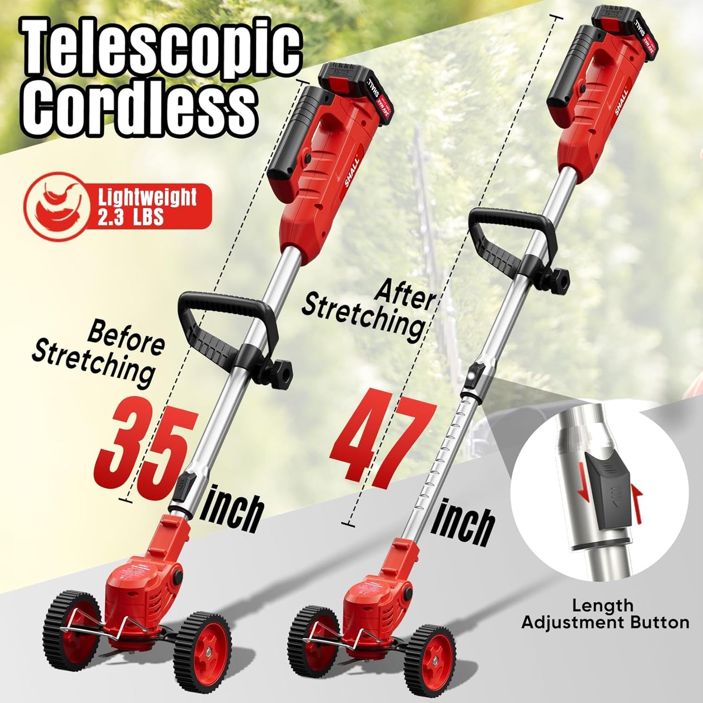 SHALL 24V Cordless Weed Wacker, 3-in-1 Electric Weed Eater Grass String Trimmer Edger, Telescopic Brush Cutter, 2 x 1.5Ah Battery Powered Lawn Mower with 3 Types Blades & Wheels for Yard Garden