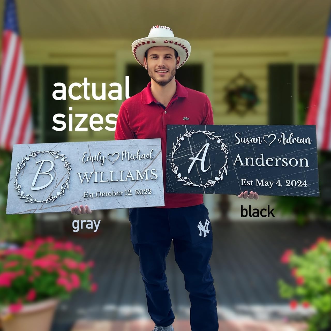 Personalized Black Marble Family Name Sign – Custom Couple Names with Monogram & Established Date – Stylish Wedding, Anniversary, or Housewarming Gift – Dark Wood Wall Decor