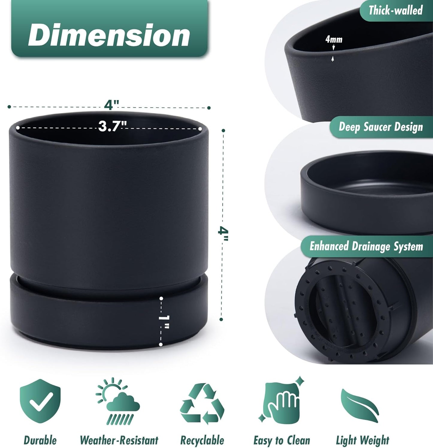 Phoenix Vine 4 Inch Planter Pot with Drainage Hole & Saucer, Deep Water Catch Tray, Straight Cylindrical Round Pot for Plants, Matte Black, Pack of 6, 23-C-R-6