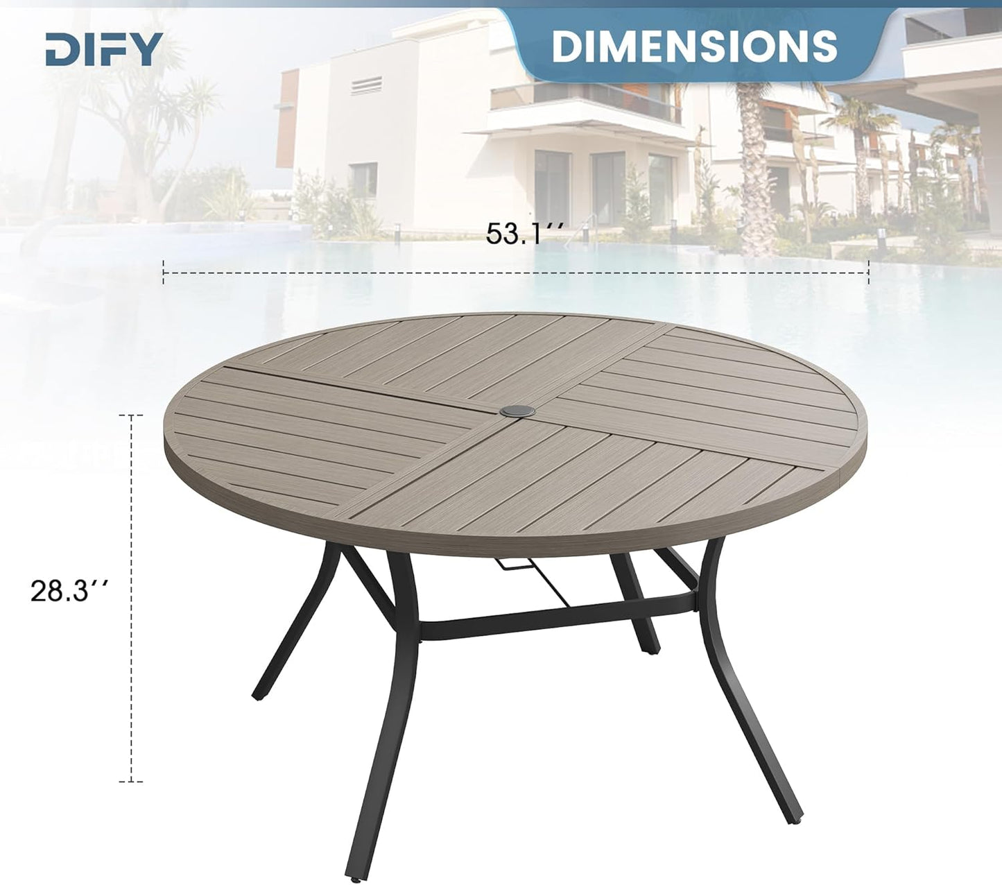 DIFY 53.1" Round Outdoor Patio Dining Table for 6-8, All-Weather Metal Steel Slatted Patio Table with 1.57" Adjustable Umbrella Hole, for Lawn Garden Porch Backyard, Grey Wood-Like