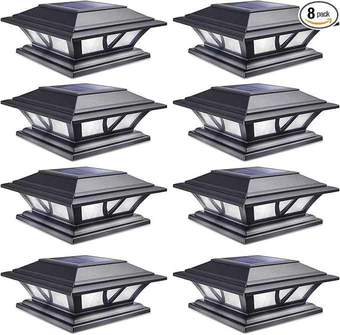 SIEDiNLAR Solar Post Lights Outdoor 2 Modes LED Deck Fence Cap Light for 4x4 5x5 6x6 Posts Patio Garden Decoration Warm White/Cool White Lighting Black (8 Pack)