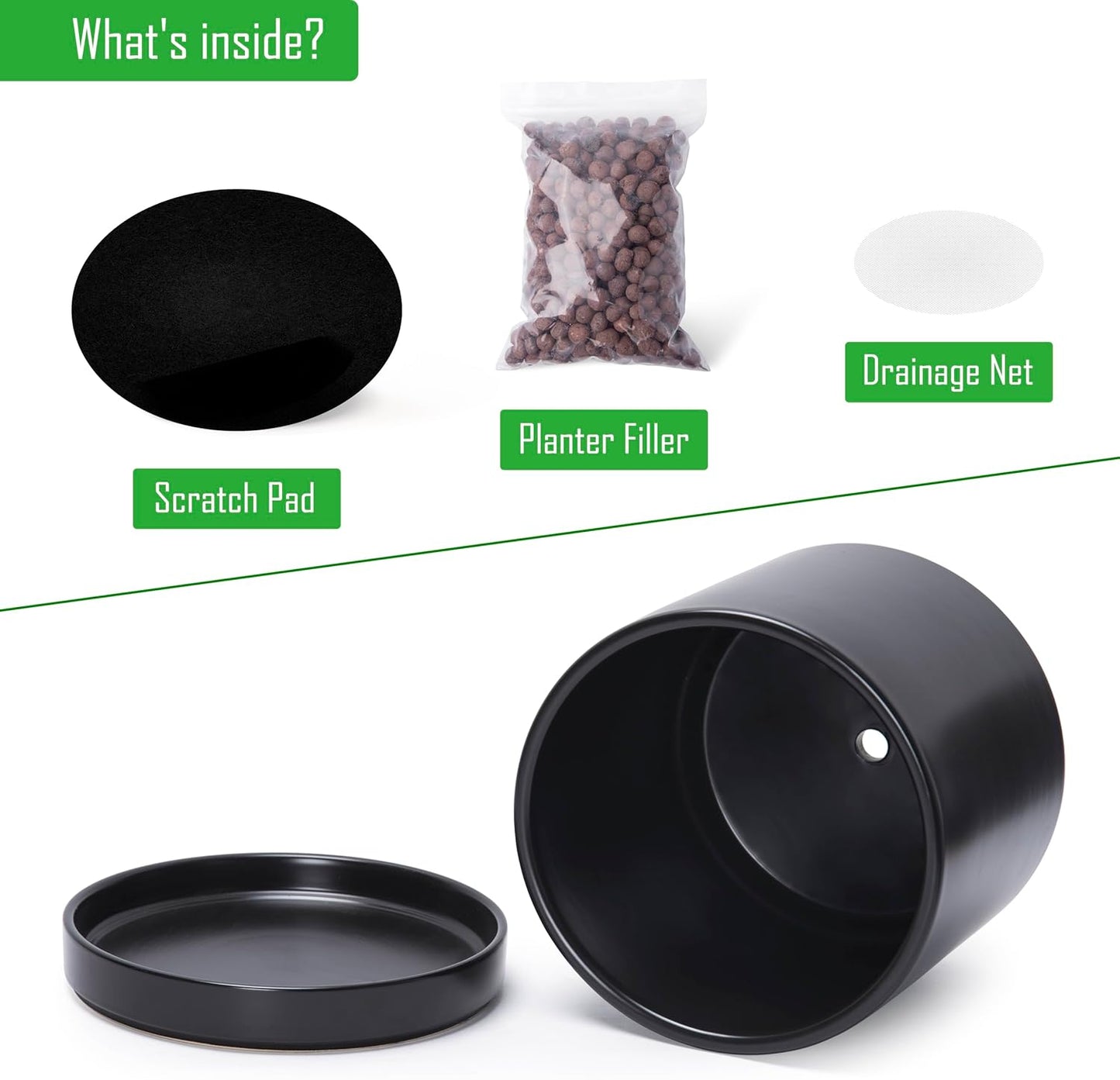 D'vine Dev 6 Inch & 8 Inch & 10 Inch, Set of 3 Round Ceramic Planter Pot with Drainage Hole and Saucer, Black, 94-T-L-2