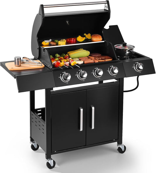 Q043-4-Burner w/Side Burner Gas Grill with 292 SQ.IN. Outdoor Grill with 44,000 BTU,Propane Grills with Top Cover Lid,Grills Outdoor Cooking for Patios,Camping,Balcony,Garden