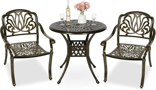 MEETWARM 3 Piece Patio Bistro Set, Outdoor All-Weather Cast Aluminum Dining Furniture Set Includes 2 Chairs and a 31” Round Table with Umbrella Hole for Garden Deck