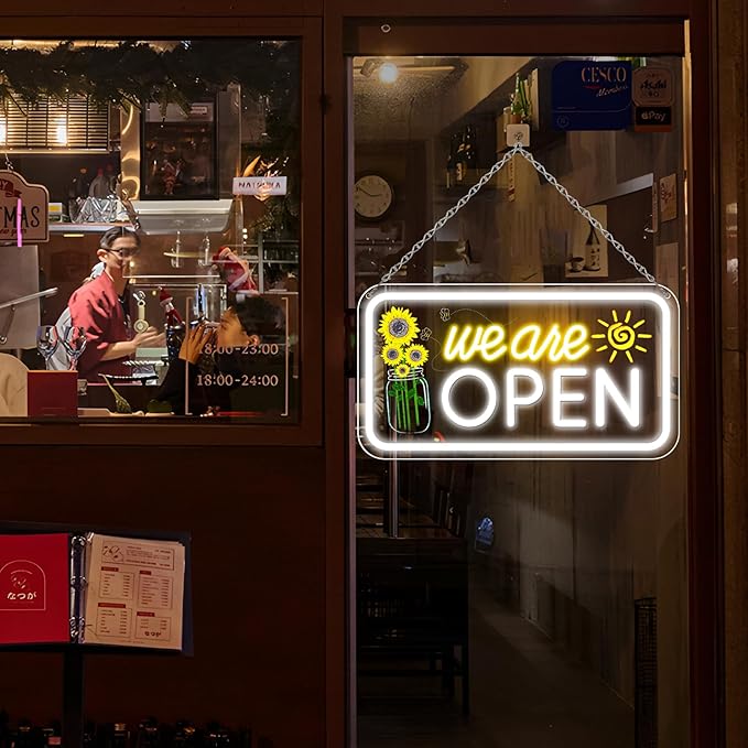Neon We are Open Signs for Business, 16.5x9'' Open Sign with Printed Flower and Sun, with ON/OFF Switch & Adapter, Daylight White, Ideal for Window, Party, Wall, Bars, Coffee Shops, Salons, Clubs, Hotels