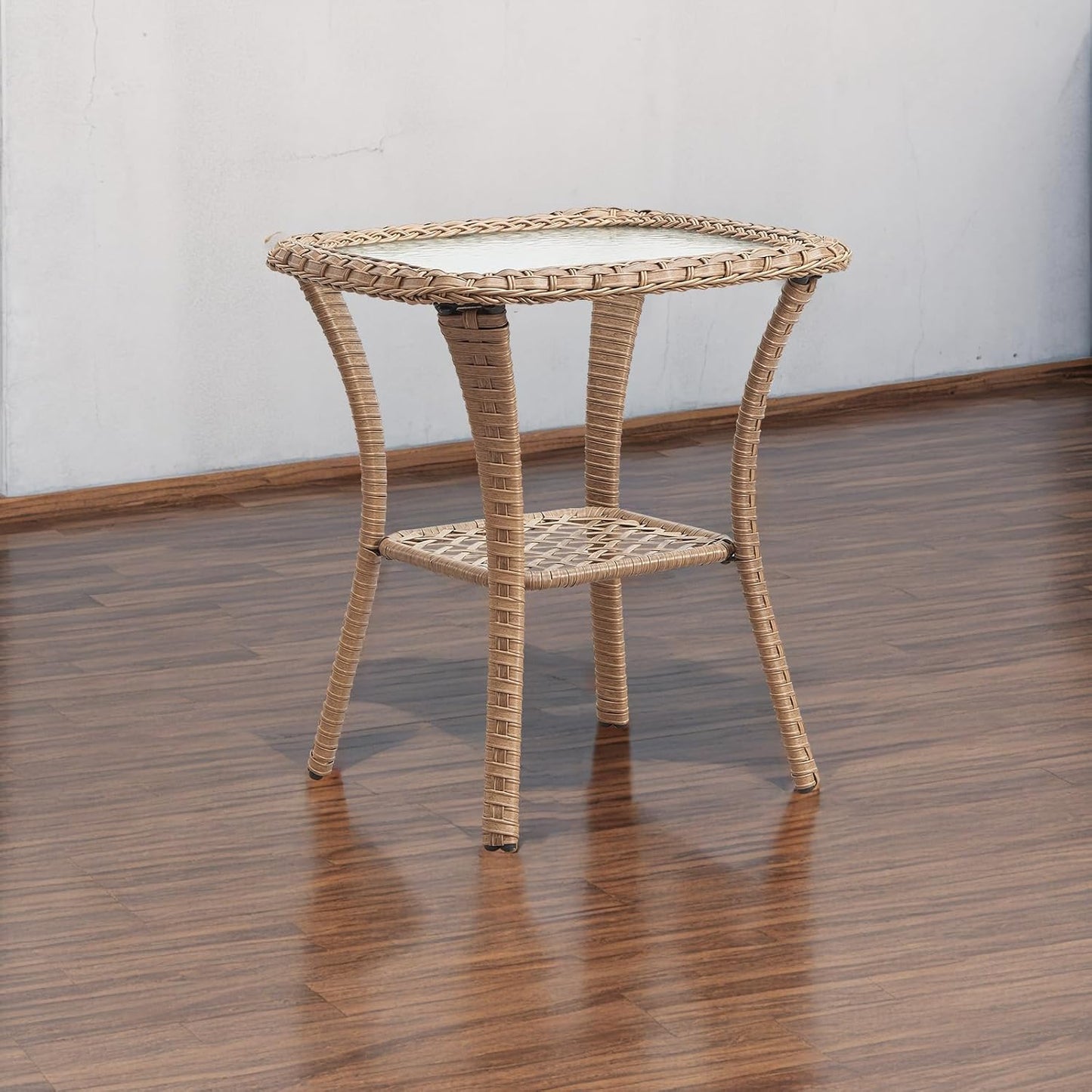 Patio Tables Wicker Side Table - Rattan Coffee Tables with Glass Top End Table for Outdoor Outside Patio Porch Square Yellow